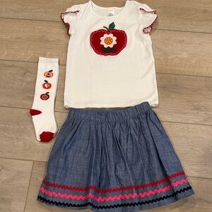 NWOT Flutter Sleeve Shirt, Matching Denim Skort Set with Apple Design